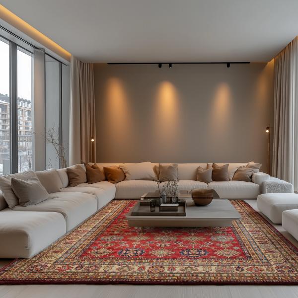 Elegant living room with a large hand-knotted Kazak rug in shades of red, blue, and cream underneath